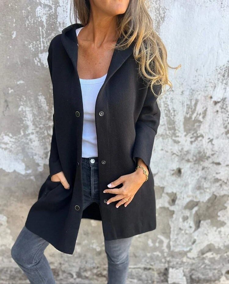 Women's Hooded Jacket Fall Winter Casual Single Breasted Long Sleeve Coats Dressy Solid Color Trench Overcoats 20253