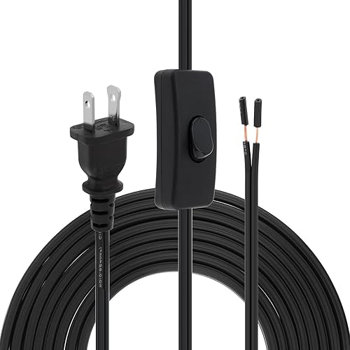 RTNLIT Cable de lámpara de 8 pies con interruptor de botón de encendidoapagado y enchufe polarizado, extremos pelados listos para cableado, cable de