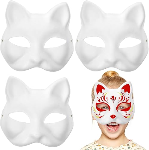 3 máscaras de gato de zorro de papel de animal blanco medias máscaras faciales para pintar máscaras, accesorios de cosplay, recuerdos de fiesta de