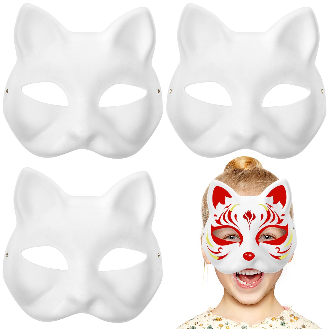 3Pcs Cat Mask Fox Mask Paper Gear White Animal Half Facemasks for Painting Masquerade Cosplay Accessories, Birthday Party Favors
