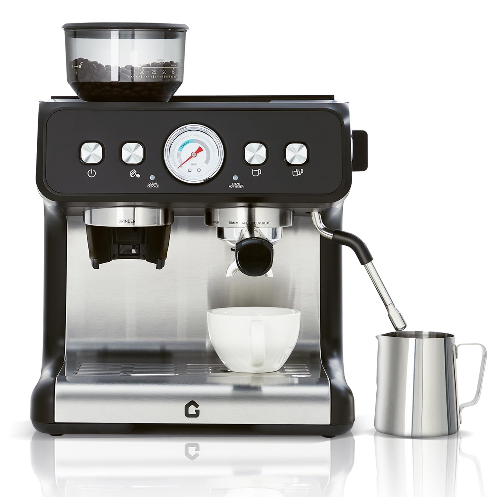 Macchina per espresso da 20 bar con smerigliatrice integrata, serbatoio rimovibile da 2,8 litri, volume di alimentazione regolabile e barra di vapore, macchina da caffè in acciaio inox