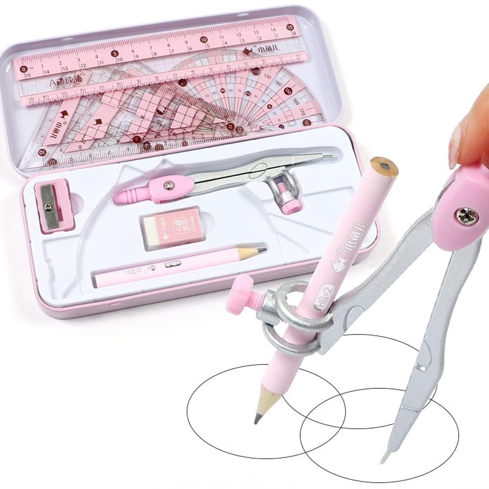 SWIUKPHE Maths Set, 8 PCS Geometry Sets with Shatterproof Storage Box, Geometry Set for School, Includes Ruler, Protractor, Compass, Pencil,Pencil Sharpener and Eraser, etc, Suitable for students