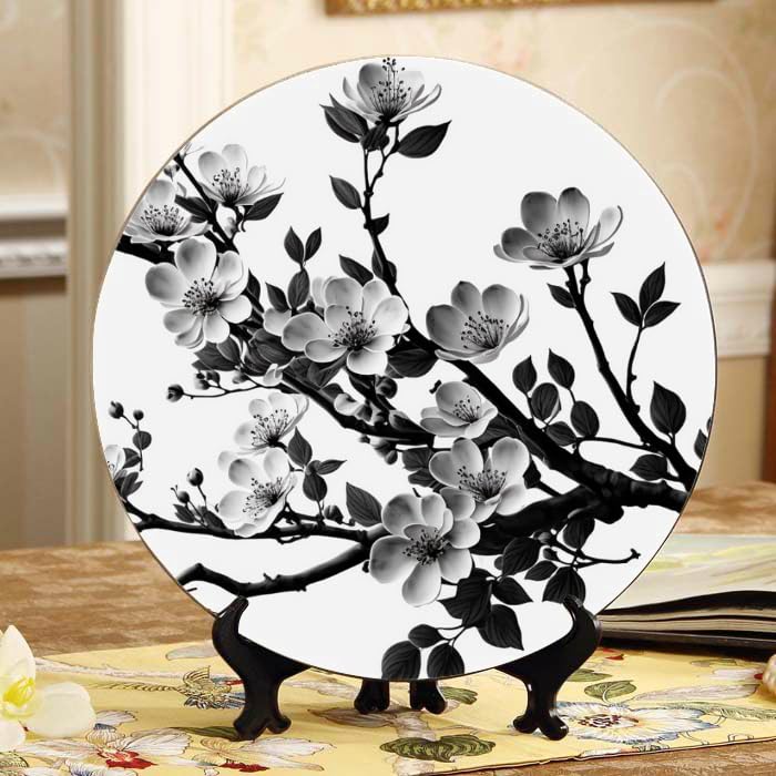 DNOVING Black and White Sakura Branch Ceramic Decorative Plate Home Display with Stand, Versatile for Home & Office DP-01443995