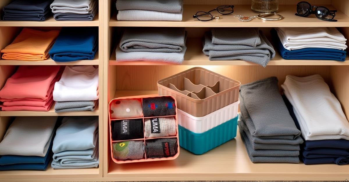 Drawer Organizer 4 Pack 6 Compartments for Socks Underwear Bras Ties Scarves - Foldable Wardrobe Divider Storage Box for Dresser Closet Cabinet Bedroom - Multicolor Set