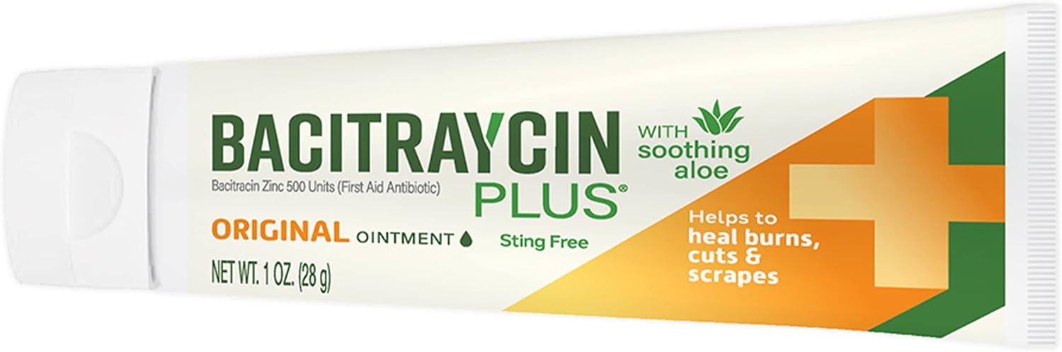 Bacitraycin Plus First Aid Antibiotic Wound Healing Ointment For Minor Cuts, Scrapes and Burns, with Bacitracin Zinc and Moisturizing Aloe Vera, Original, 1 oz, 2 Pack