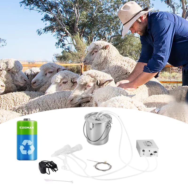 3L Goat Milking Machine, Regchargeable & Ajustable Electric Automatic Pulsation Vacuum Milker,Portable Pulse Breast Pump with 2 Teat Cups Stainless Steel Bucket for Goats?3L-Battery?