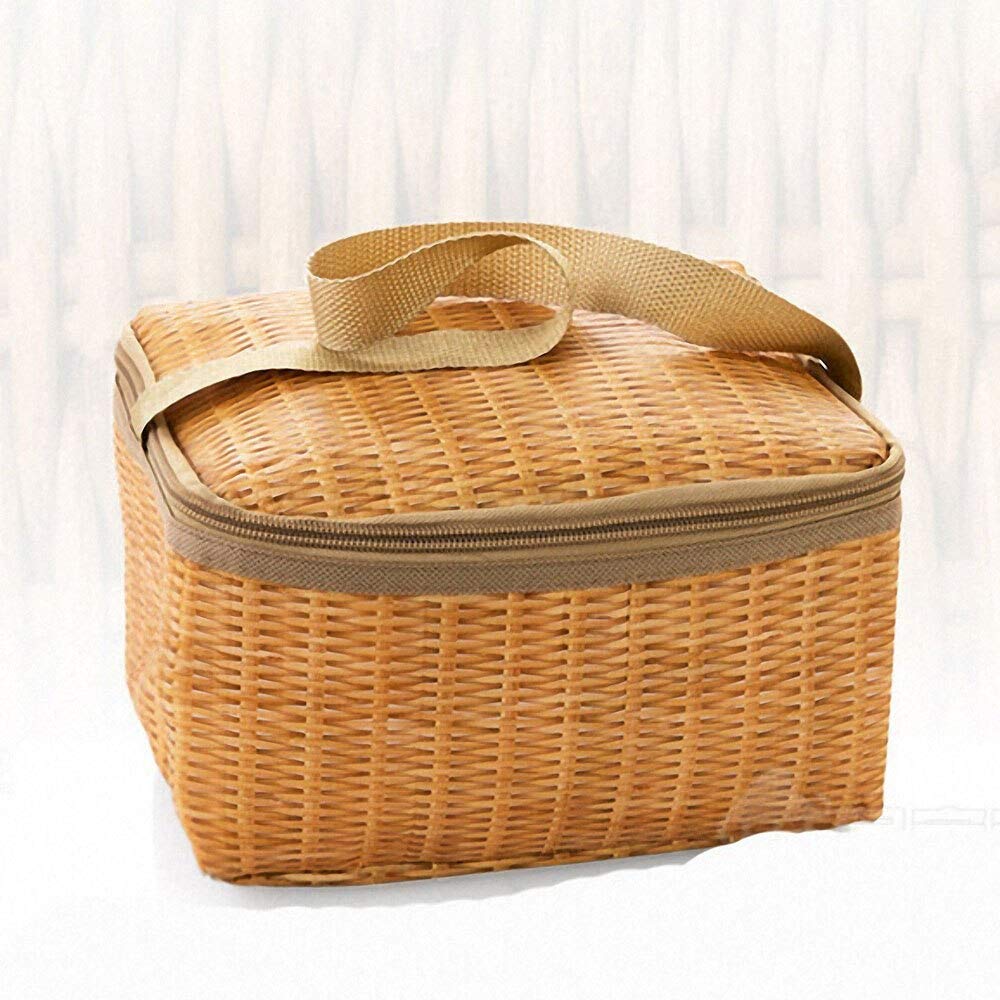 Borsa da Picnic all'aperto in Rattan di Vimini Portatile Stoviglie Impermeabili Cestino per contenitori per Alimenti con Isolamento Termico per Picnic da Campeggio