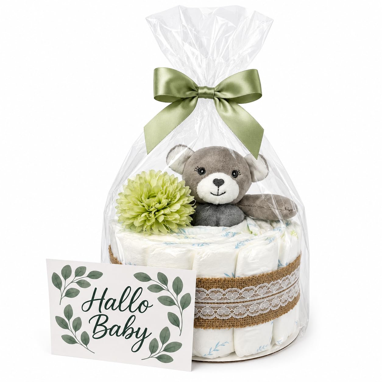 Windeltorte neutral zur Geburt | Geschenkset für Baby & Eltern | 14 Markenwindeln Größe 2 | Kuscheltuch „Bär“ mit Rasselfunktion | Grußkarte „Hallo Baby“ | liebevoll handgemacht in Deutschland