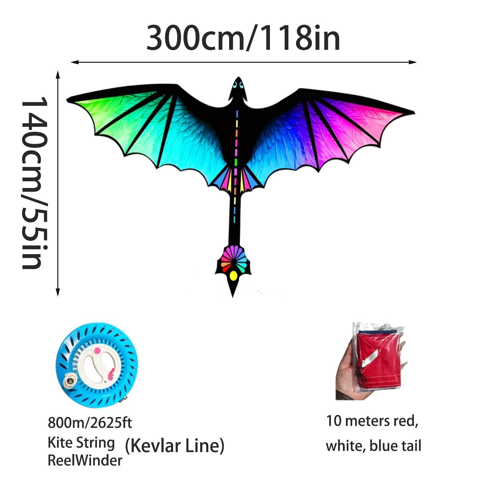9,8 Fuß großer Drachendrachen mit Farbverlauf, Rolle, Glasfaserrahmen und Polyestertuch, einleiniger Outdoor-Drachen für Park und Strand(String2625ft)