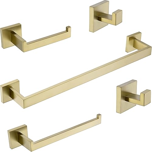TRUSTMI Juego de accesorios de baño de oro cepillado, juego de 5 piezas de barra de toalla de acero inoxidable de forma cuadrada, 23.6 pulgadas