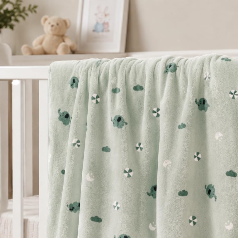 Florida Baby Blanket – Ultra Soft Flannel, 110×140 cm, Olive Green Elephant Print, Cozy for Crib, Bed & Stroller (0–6 Years)-image-44