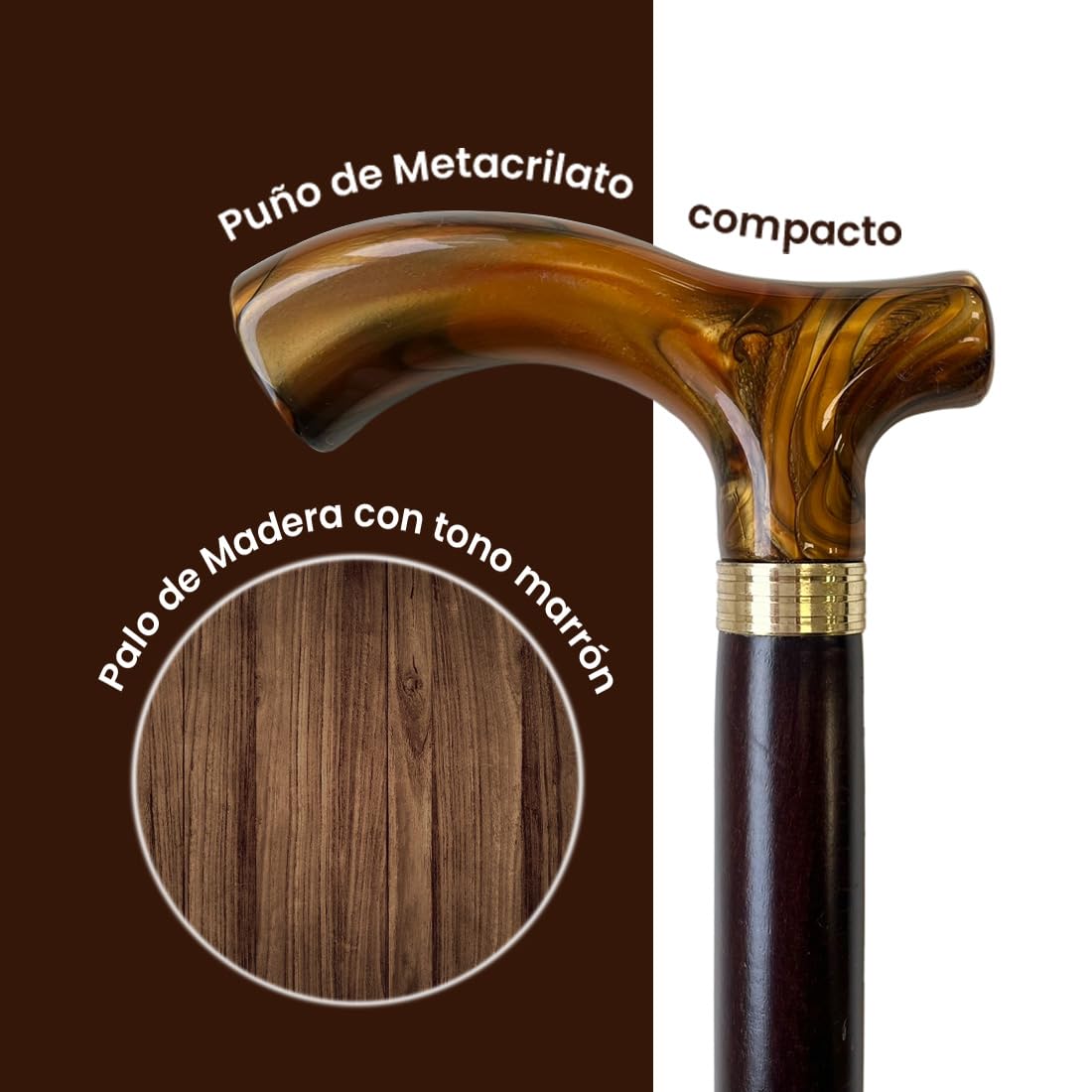 Flexor - Canne de Marche élégante | Poignée Ergonomique méthacrylate Grise | Résistante et légère | Artisanat Bois Durable | Confort Quotidien, Brun, Bois
