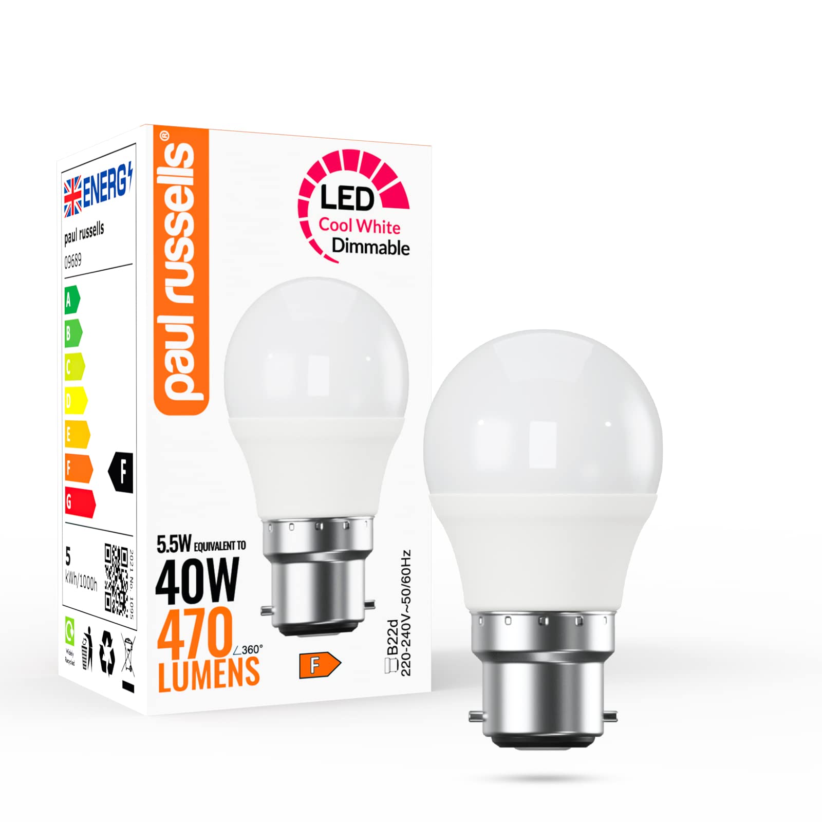 Paul Russells Natural White / Cool White - 4000K Led Golf Ball – Dimmable Bayonet Fitting Light, 5.5W 470 Lm B22 G45 Led Bulbs, 40W Equivalent, 4000K Cool White/Natural White, Dimmer Bc Energy Saving Ceiling Lightsbulbs, 1 Pack