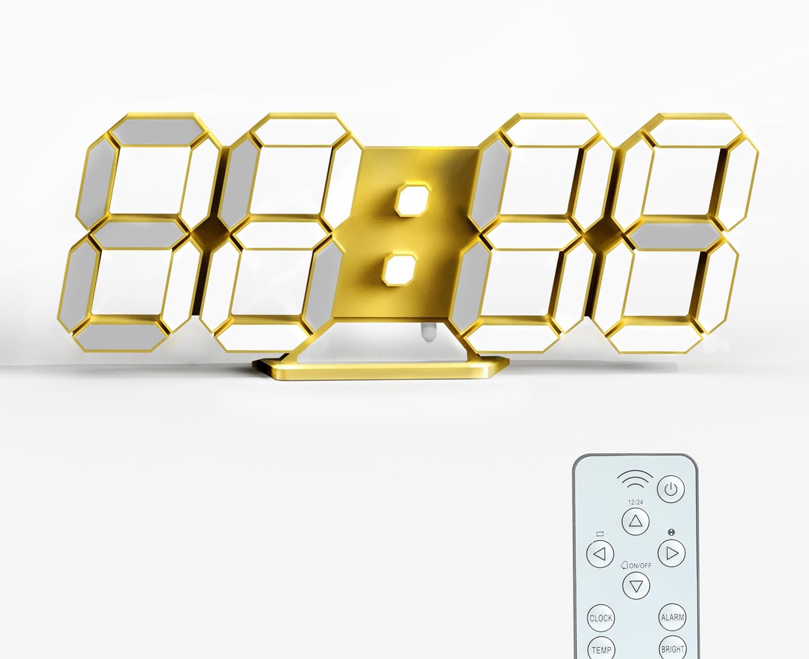 KOSUMOSU Digital Wall Clock 9.7" Gold Digital Clock with Remote, Date,12h 24h,Temp,Cool LED Clock for Bedroom,Desk 3D Clock for Gaming Setup