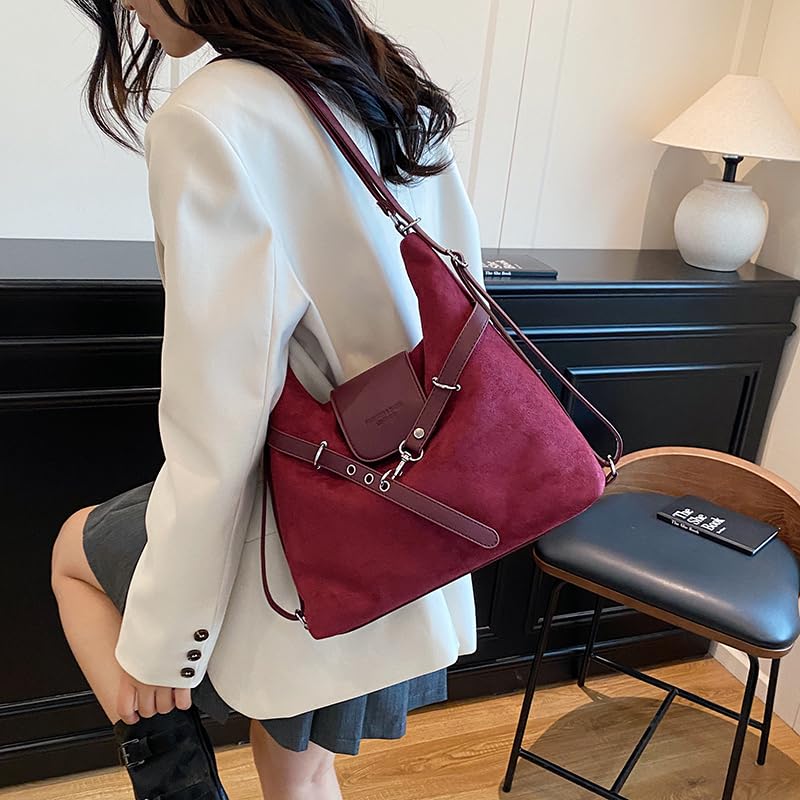 Faux Suede Hobo Bag, Convertible Strap Shoulder Tote, Vintage Brown Purse with Decorative Belt, Elegant Fall&Winter Handbag3