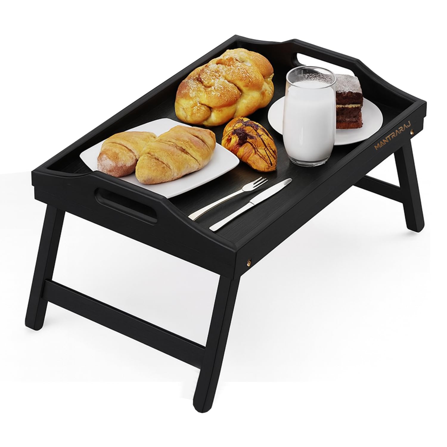 Mantraraj Bamboo Bed Tray Table with Foldable Legs And Handles Breakfast Tray for Sofa, Bed, Eating, Platters, Working, Serving, Drawing, Laptop Stand, Wooden Snack Tray Used As Lap Tray (Black)