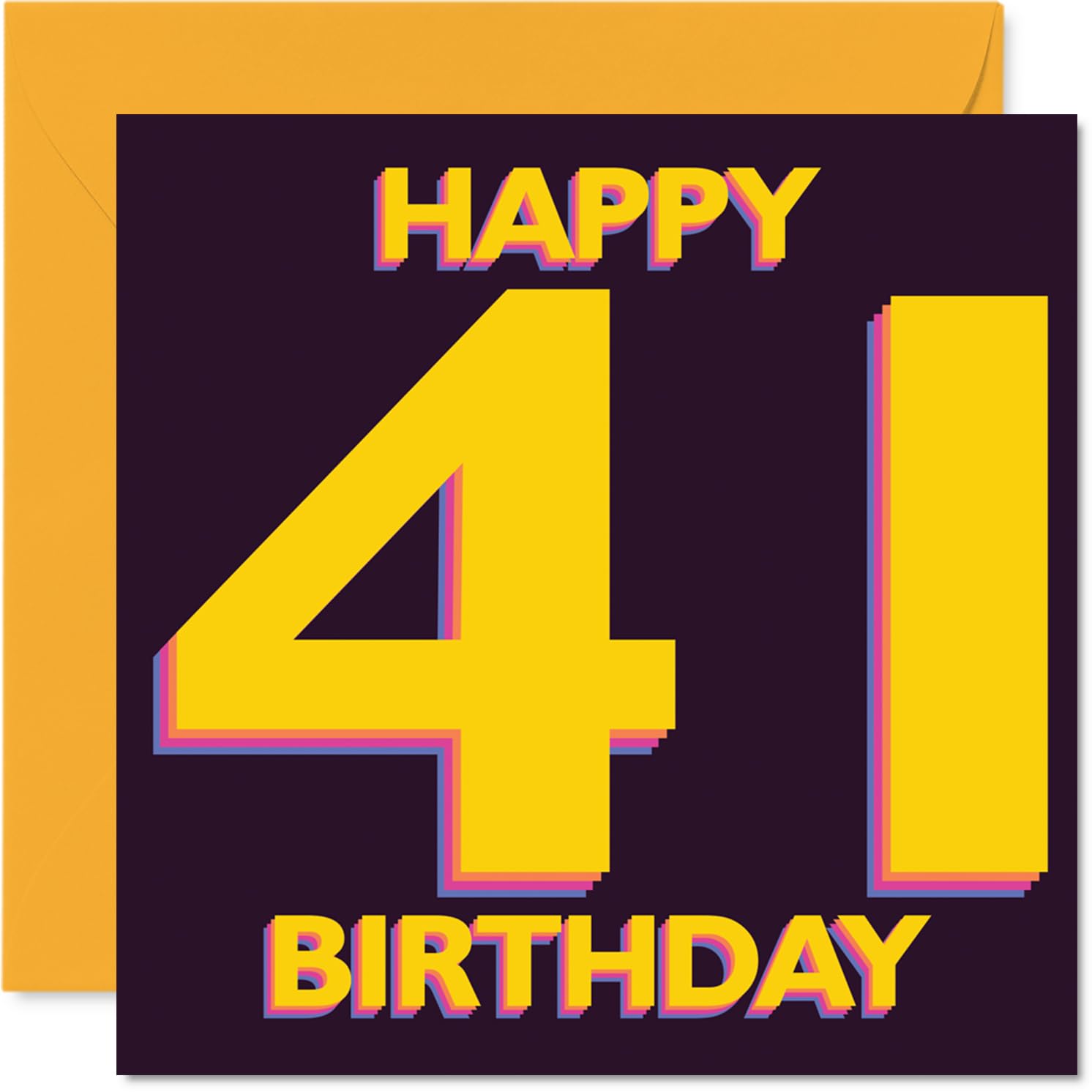 Playful 41st Birthday Card - Bursting with Birthday Cheer - Bold HAPPY 41 BIRTHDAY Design in Vibrant Yellow and Purple - 145mm Square, Envelope Included