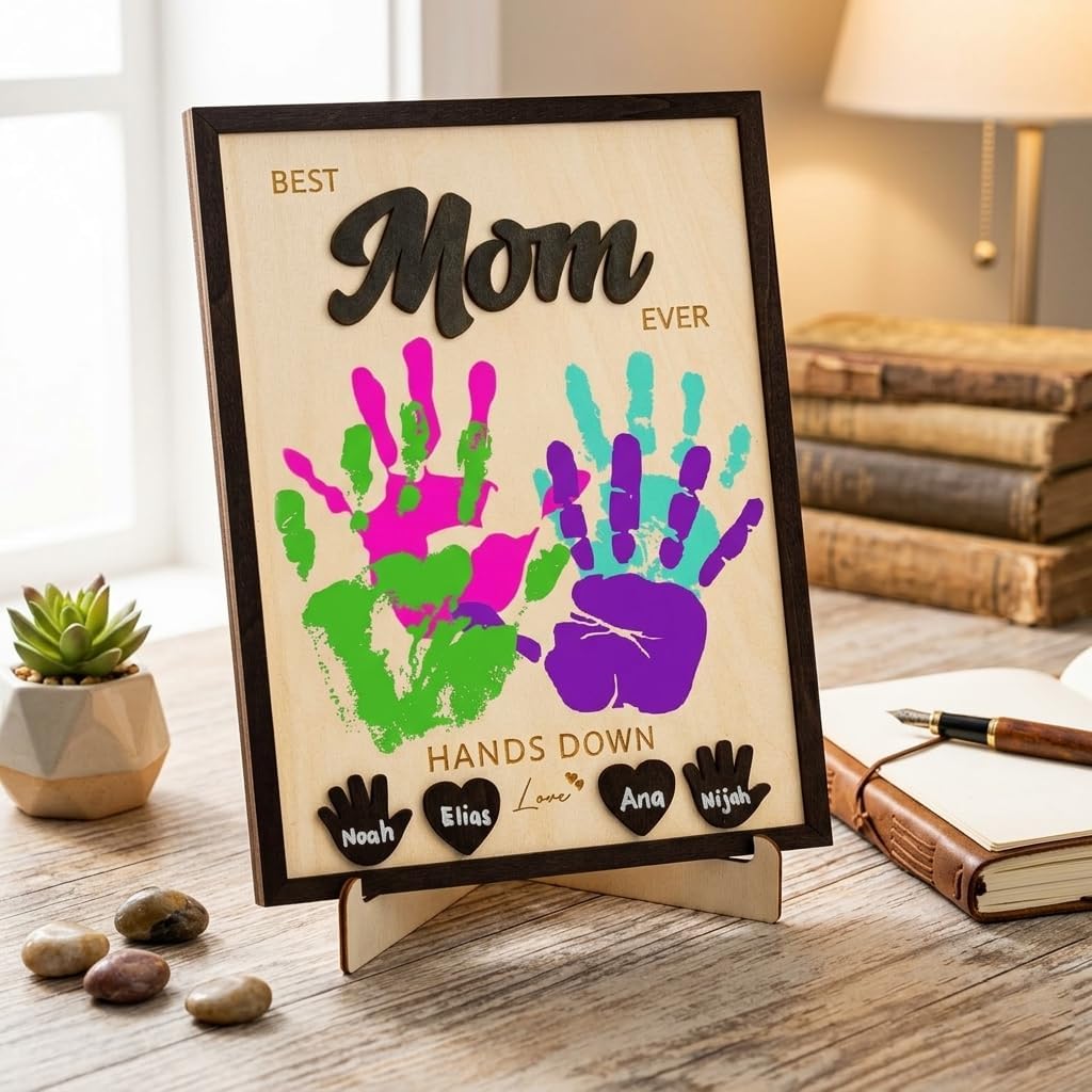 Mothers Day Gift DIY Handprint Frame, Best Mom Ever Gifts from Kids, Daughter, Son, Personalized Gifts for New Mom, Grandma, Wooden Hands Down Sign Decoration with Name Tags, Birthday Gift for Mom image 2