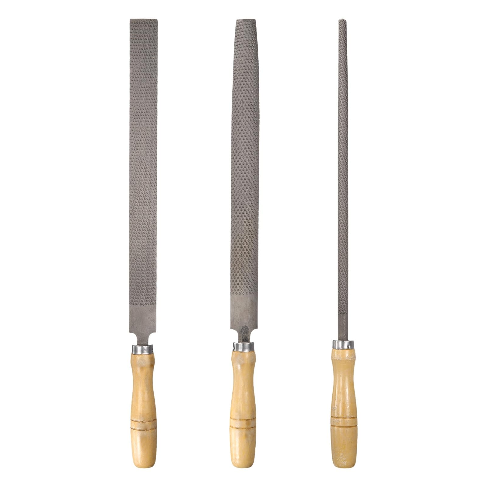 sourcing map Juego de 3 limas de escofina de madera de 12 pulgadas de acero plano/redondo/semicircular, lima de mano multifuncional con mango de madera para carpintería, afilar madera y metal