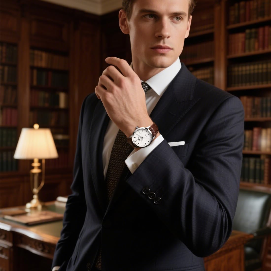 AM0184 Dress Automatic Watches for Men, Skeleton Case Back, Fashion Business Men's Wrist Watches with Date, 5ATM Waterproof, Stainless Steel, Luxury Leather Watch, Big Face of Analog Watch, Brown - 5