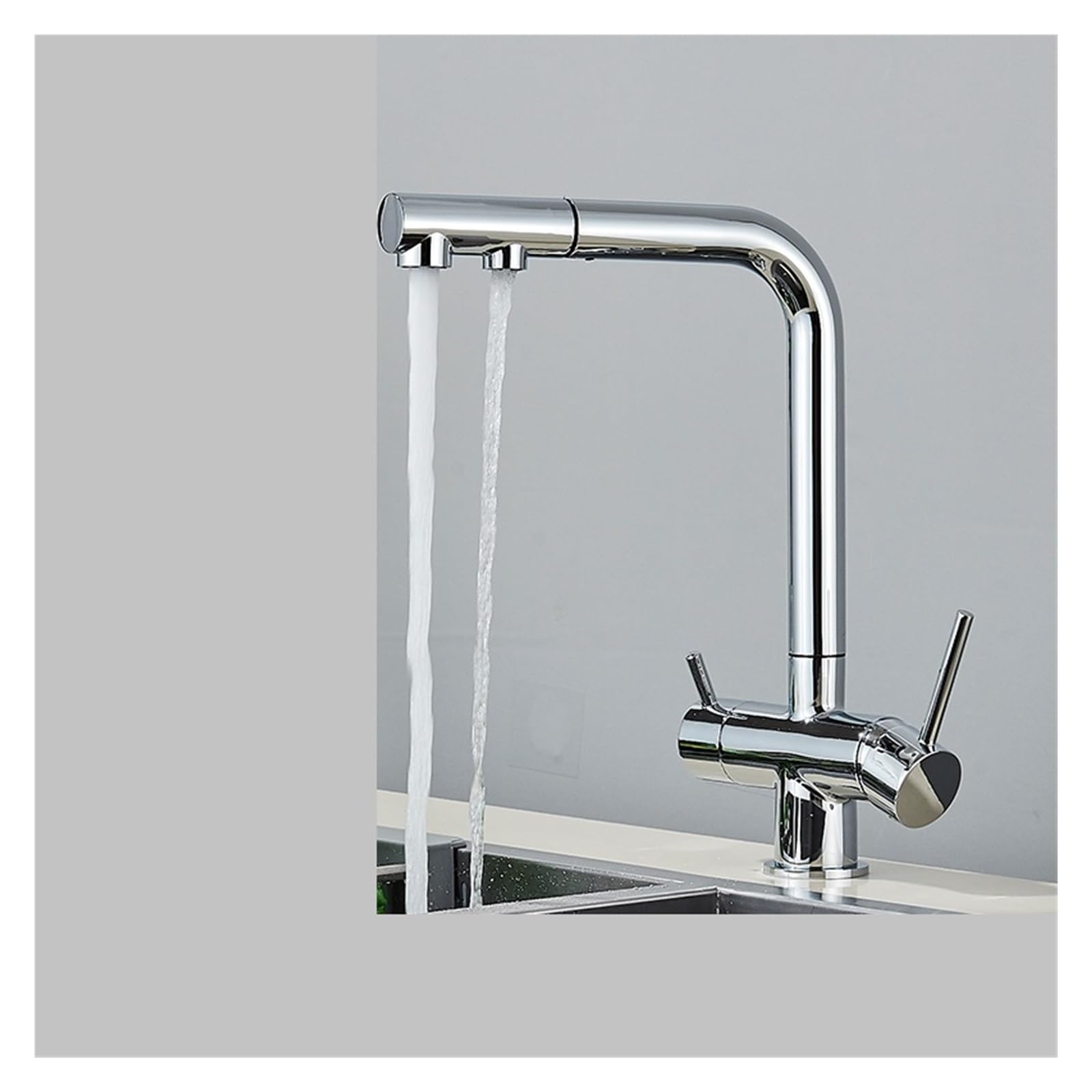 Grúa filtrada de cocina con rociador doble flexible y grifo de agua potable integrado