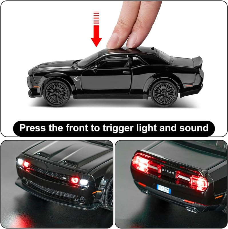Image of Invite Enterprise 1:24 Dodge Challenger SRT Exclusive Alloy Metal Pull Back Die-cast Car Model with Sound Light Mini Auto Toy for Kids Metal Model Toy Car with Sound and Light(Black)