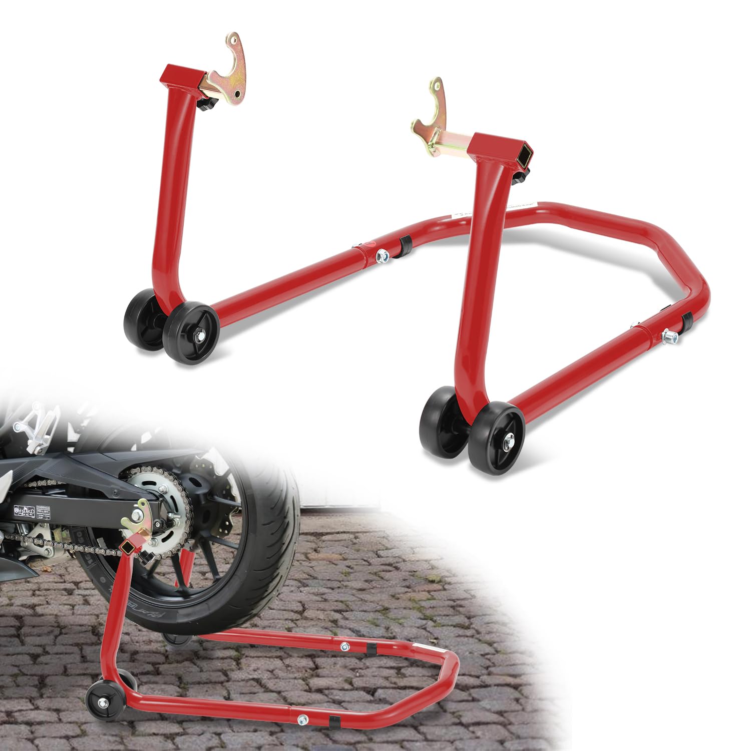 Ikodm Cavalletto di montaggio per moto, sollevatore per moto, posteriore per sollevamento, dispositivo di sollevamento, larghezza regolabile, manutenzione e montaggio per moto fino a 300 kg, rosso