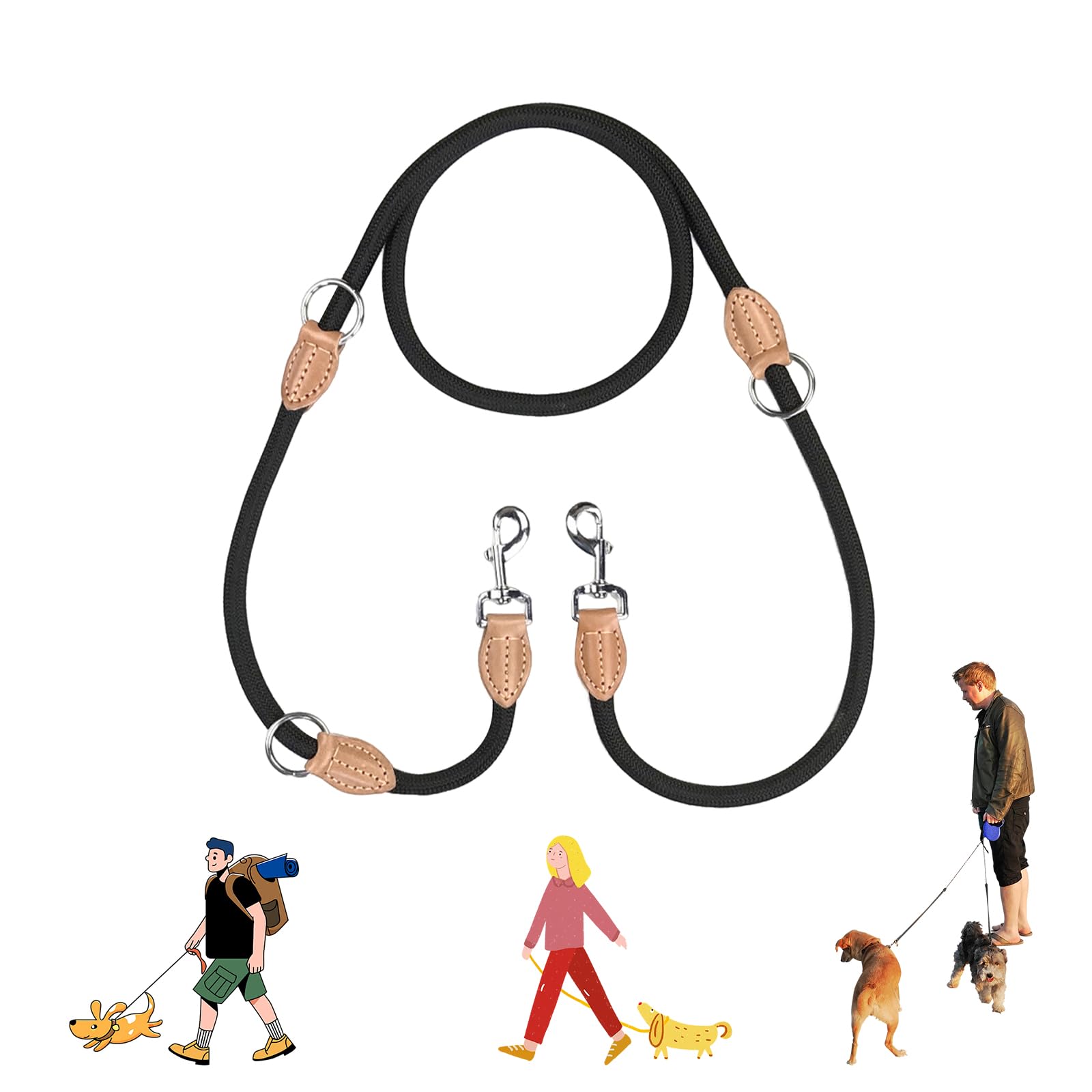 RYAN Correa Doble para Perros Resistente 2m Correa Multiposicion Perro Longitud Ajustable Correa Perro Adiestramiento para Perros PequeñOs y Medianos (Negro)