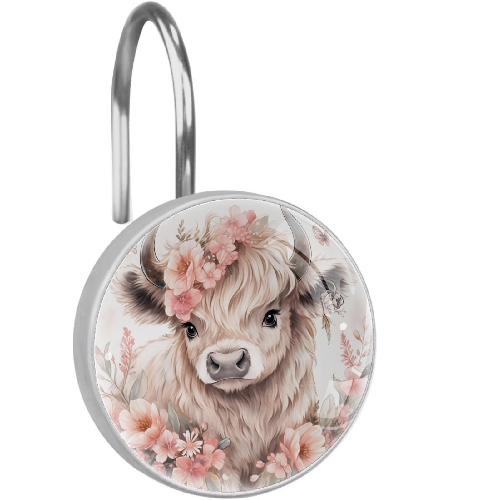 VAPOKF Decorative Shower Curtain Hook: Highland Cow Flower Rustproof Stainless Steel Shower Curtain Ring for Bathroom - Shower Curtain Hook & Hangers - Set of 12