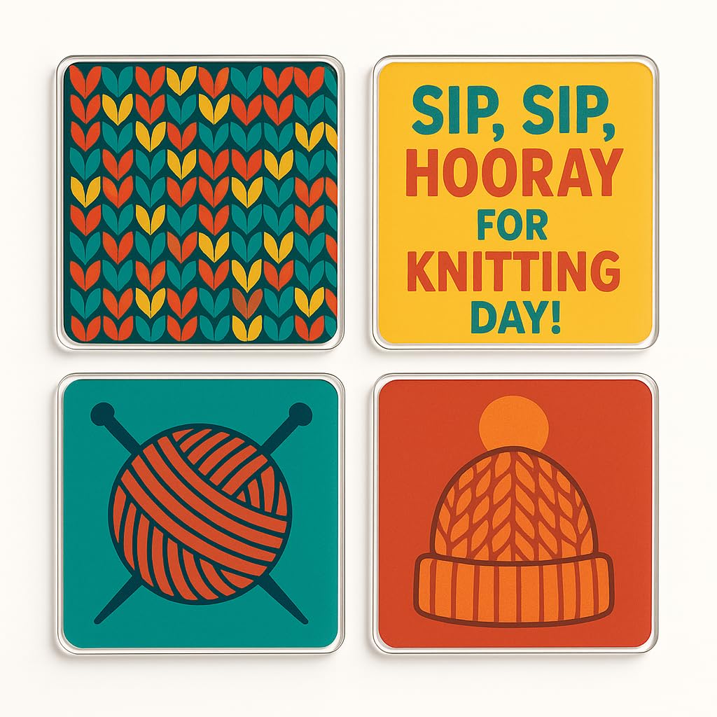 The Plum Penguin Knit & Sip Vibes Acrylic Coaster Gift Set Of 4 With Knitting Pop Art - Crafty Drinkware For Knitting Lovers' Creative Spaces