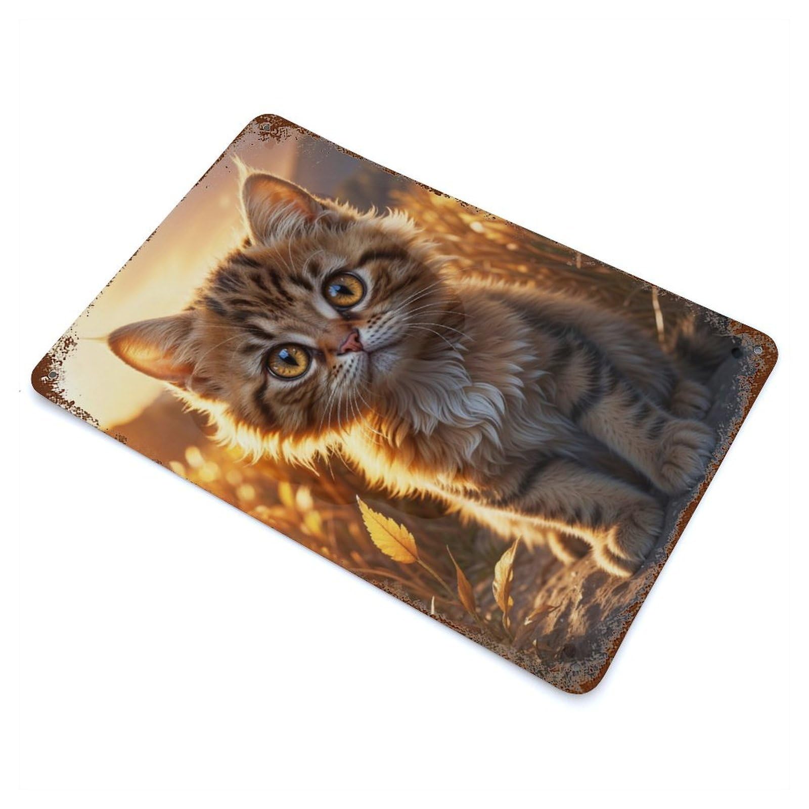 Kitten Sunbathing on Rock Rusty Metal Tin Sign 11.8"x7.9", Ideal for Patio, Garden Room And Bar Decor