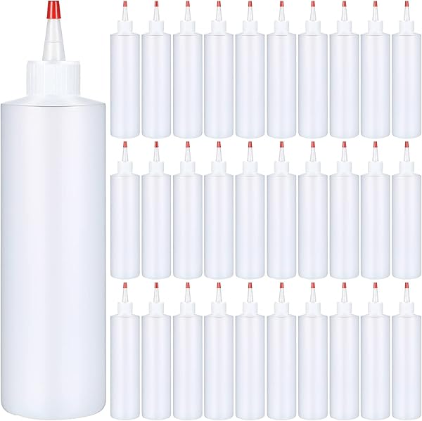 Irenare 30 Pack Plastic Condiment Squeeze Bottles for Sauces Empty Squirt Bottle with Top Cap for Condiment BBQ, Dressing, Paint, Workshop, Crafts(Red,16 oz)