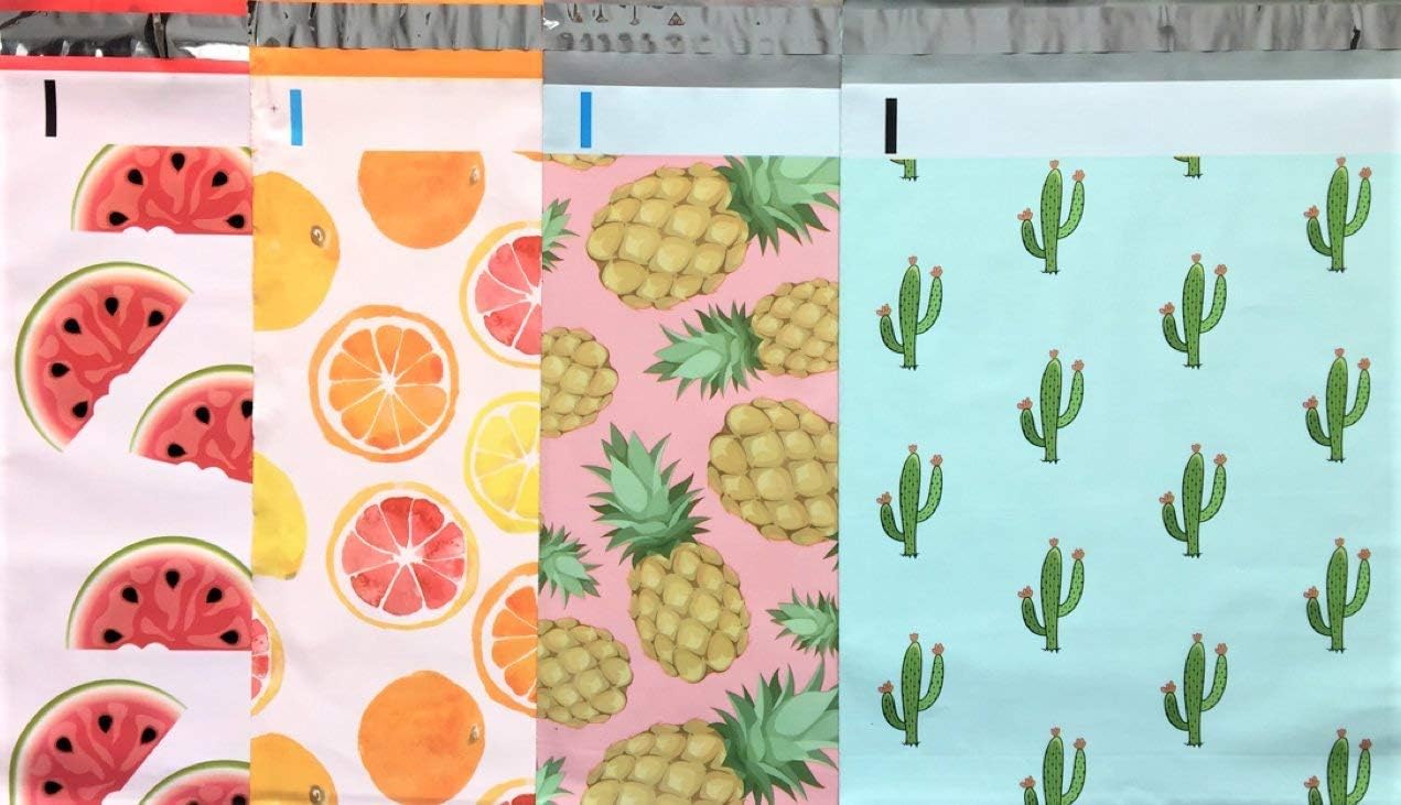 Designer Poly Mailers 10x13 : Watermelon, Citrus, Pink Pineapple, Mint Cactus; Printed Self Sealing Shipping Poly Envelopes Bag (40 Mix Variety Pack #7) (Original Version) 200 pcs