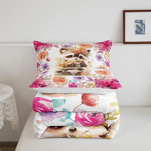 Miniatura 5 de Erosebridal Bonito juego de edredón de animales, juego de ropa de cama con estampado de mapache de dibujos animados, tamaño individual para niños,