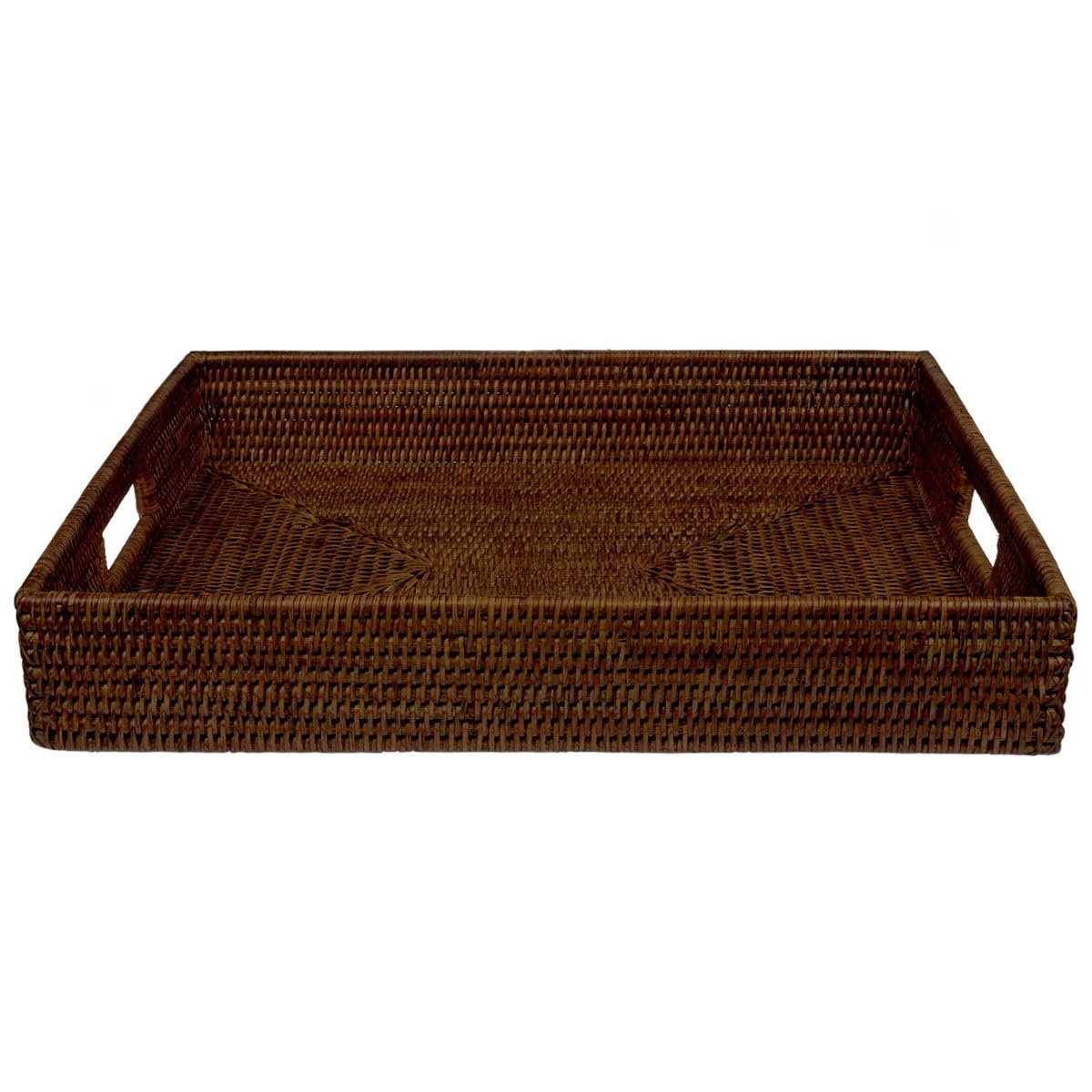 Bandeja de ratán rectangular, bandeja grande de ratán natural con asas y borde alto, bandeja decorativa (50 x 40 x 8 cm) (Dark Moca)