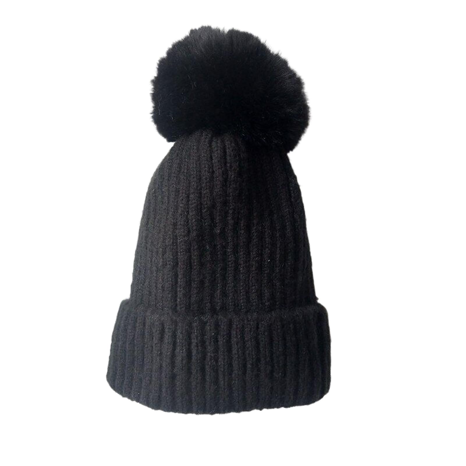 Gorro de Invierno con pompón para Mujer, Gorro de Lana de Punto con pompón Grande y Esponjoso (Negro, Talla única)