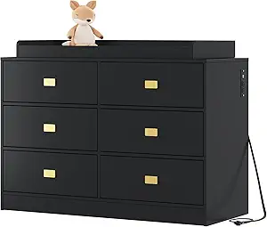 GarveeHome Dresser for Bedroom with 6 Drawers, Changing Table Dresser with Power Outlets, Soft Changing Pad & Removable Top, Baby Changing Table Top for Nursery - Black