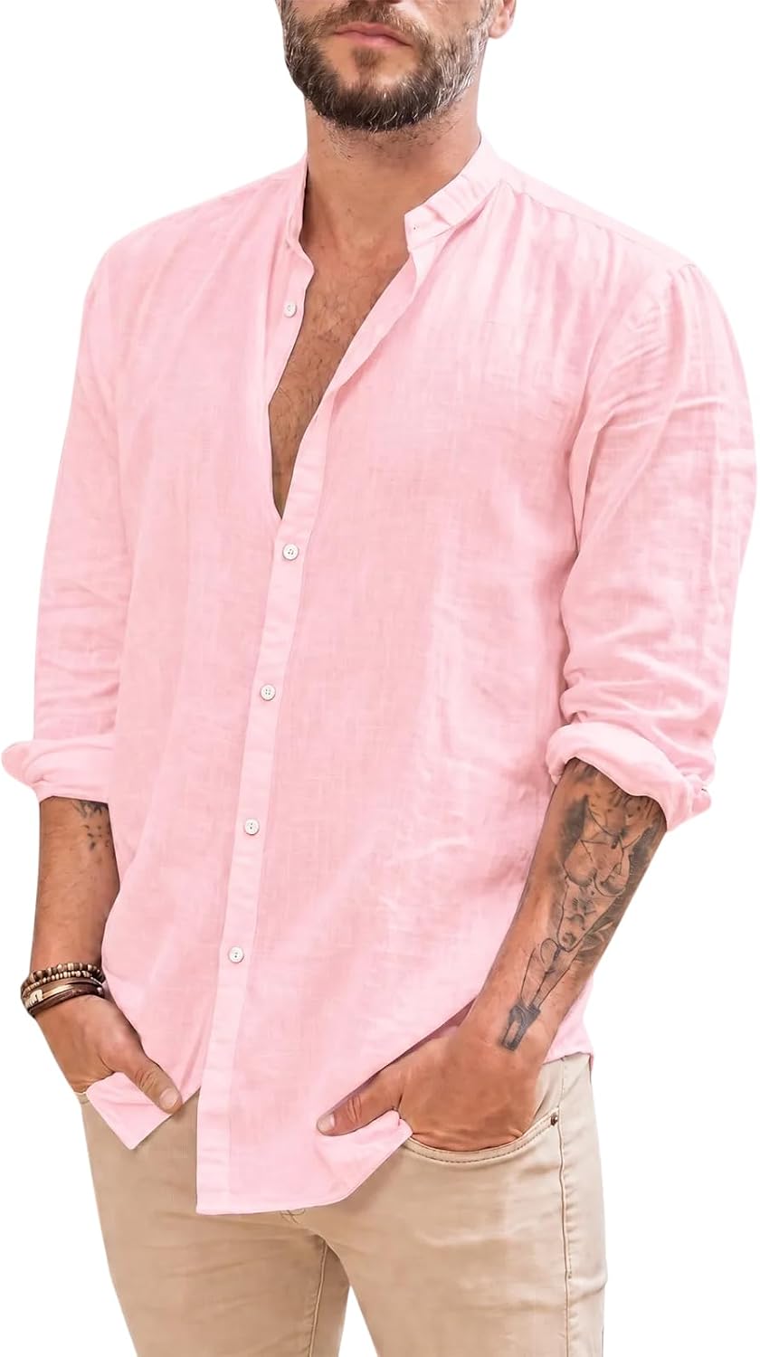 Makkrom Men Linen Shirt Button Down Long Sleeve Cotton Beach Band Collar Casual Summer Shirts