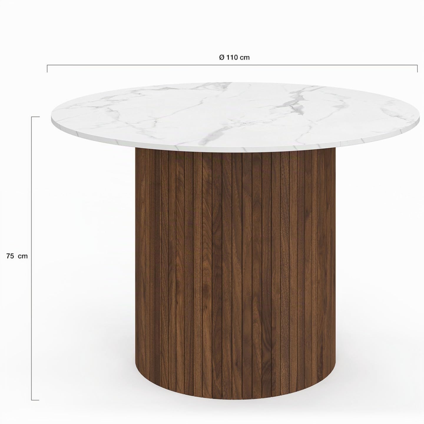 IDMarket – Mesa de comedor redonda Julieta para 6 personas, pie central, efecto lamado, nogal y bandeja efecto mármol, color blanco Alaska