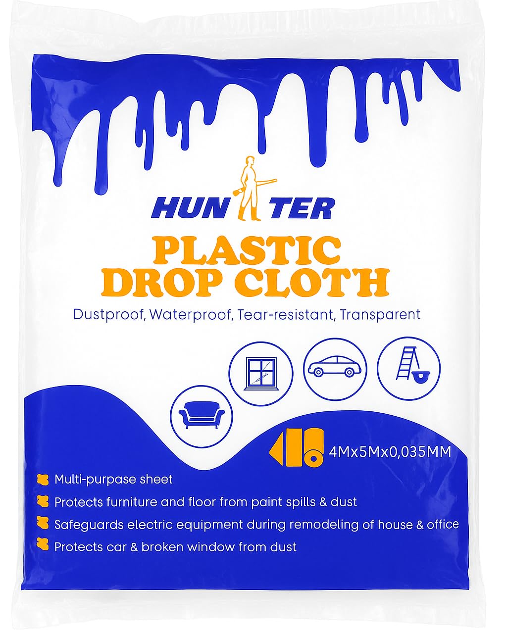 HUNTER Plastic Polythene Multi-Purpose Dust Sheet, Waterproof and Dustproof Plastic Tarp for Protection of Furniture, Automobiles, Floors, Carpet, Packaging etc. (500G x 5mtrs)