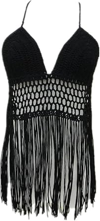 Fringe Bikini Halter Crop Top Handmade Crochet Swimsuit Summer Beachwear