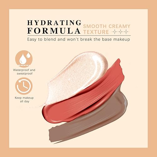 Miniatura 4 de NewBang Juego de 3 varillas de contorno de belleza, iluminador de rubor, con aplicador de cojín, crema líquida, bronceador de rostro, luminizadores,