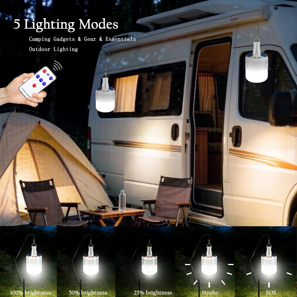 Lampada solare LED telecomando campeggio LED Blub tenda lanterna luci 5 modalità USB ricaricabile portatile gancio appeso all'aperto pesca emergenza cortile interruzione di corrente 3 pezzi