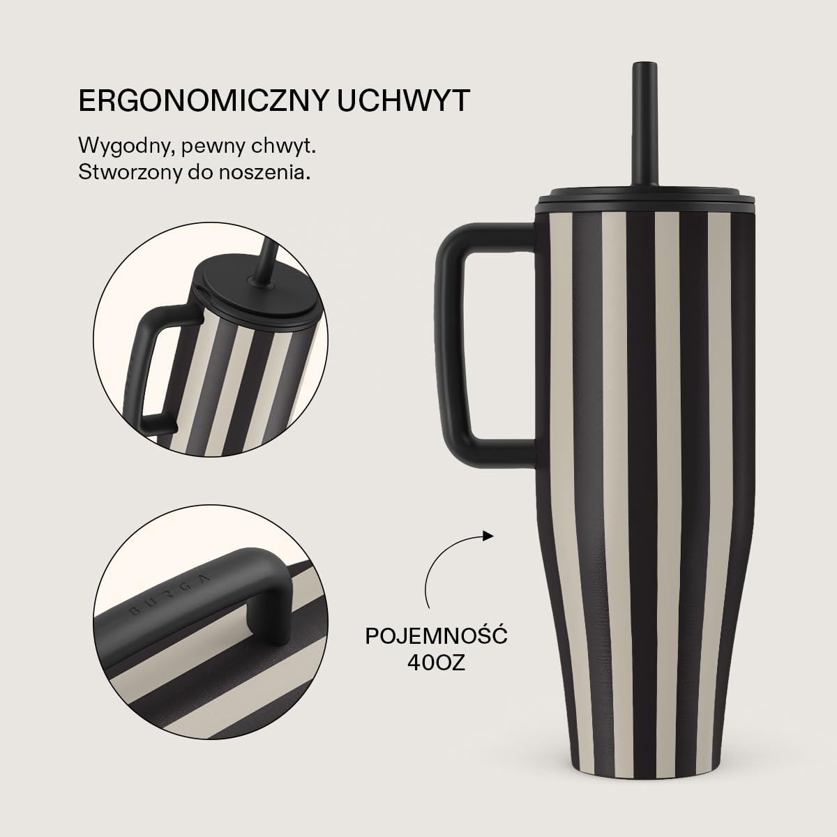 Burga Kubek 1,2 L z Uchwytem i Słomką – Szczelny Kubek Termiczny, utrzymuje napoje gorące przez 12 h i zimne przez cały dzień, kompatybilny z uchwytami na kubki, kubek podróżny ze stali nierdzewnej