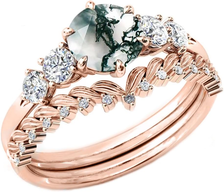 Natural Moss Agate Ring Solid 10K/14K/18K Gold Green Leaf Moss Agate Engagement Ring with Cubic Zirconia Engraved Name Wedding Bands for Women