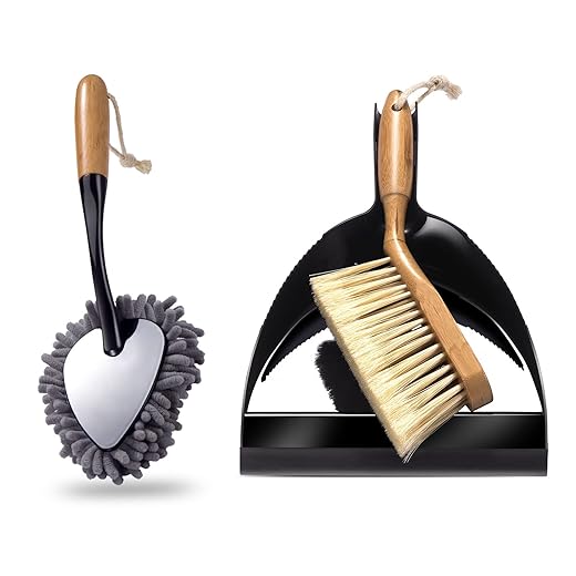 Masthome Dustpan and Brush Set, Pack of 3, Hand Broom and Dustpan Set with Bamboo Handle, Extra Duster, Cleaning Brushes and Dustpan Combo for Car, Sofa, Bed, Desk, Keyboard