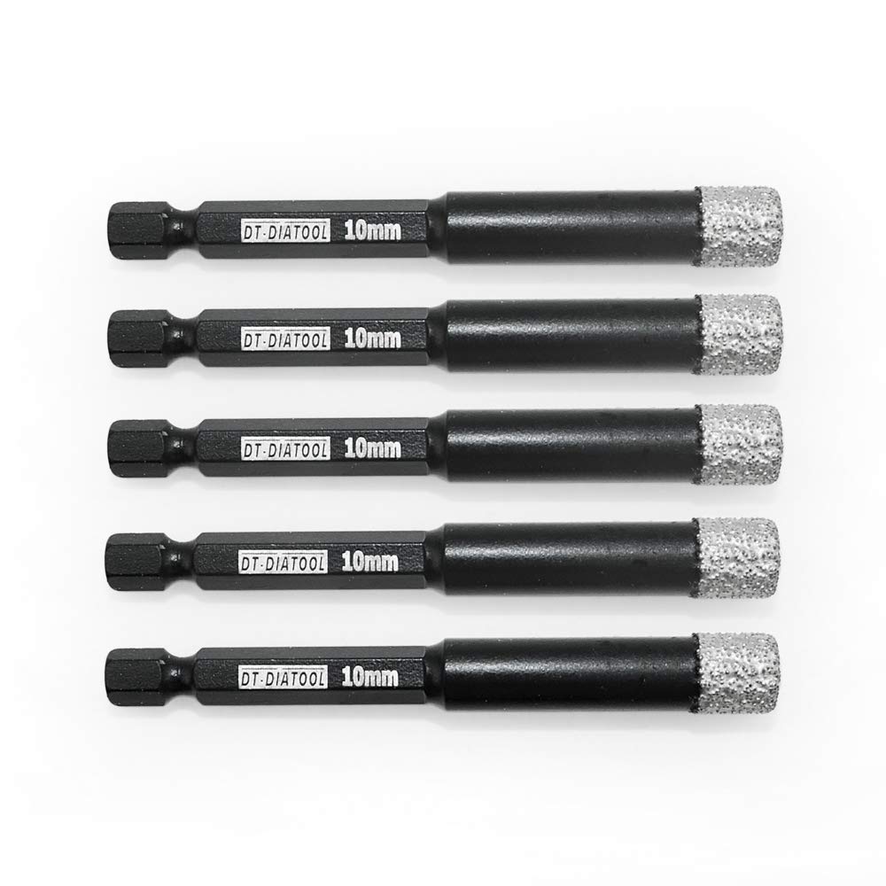 DT-DIATOOL Hex Shank Quick Change Dry Diamond Drill Core Bits 5PCS 10mm Vacuum Brazed Hole Saw for Tile Porcelain Ceramic Marble Granite