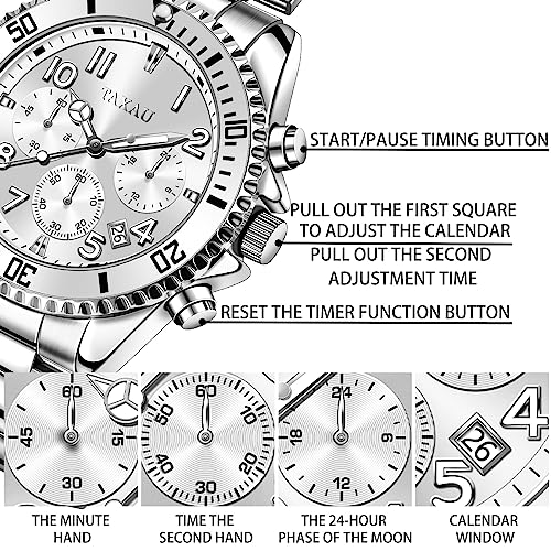 Taxau Silver Watches For Men Arabic Numbers Big Face Easy To Read Stainless Steel Watch For Men Rotatable Bezel Chronograph Analog Watch Quartz Mens Wrist Watch #TOP4