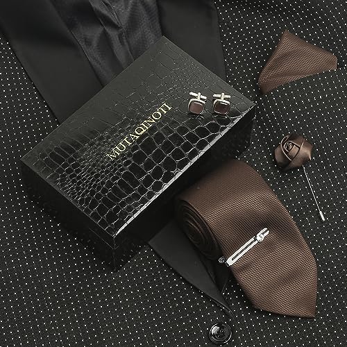 Image of MUTAQINOTI Mens Woven Premium Silk Necktie Suit Accessories Set With Pocket Square Cufflinks Brooch Tie Pin (TECP2)