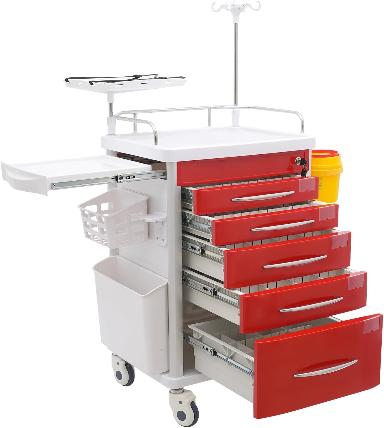 5-Tier Medical Cart, Rolling Medical Storage Crash Cart with Adjustable IV Pole and Trash Bin & O2 Holder, Mobile Medication Carts for Clinics, Hospitals, and Beauty Salons (Red)